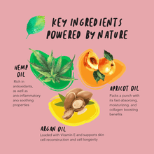Load image into Gallery viewer, Key ingredients infographic showing hemp oil, apricot oil and argan oil and what each does