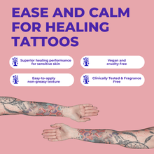 Load image into Gallery viewer, Ease and calm for healing tattoos infographic: vegan and cruelty-free, fragrance free, non-greasy texture, for sensitive skin