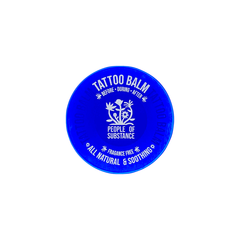 People of Substance natural tattoo balm jar with blue lid, fragrance-free, for before, during and after tattoo care