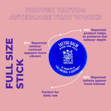 Load image into Gallery viewer, Tattoo balm jar infographic with customer-reported results on tattoo depth, contrast and intensity
