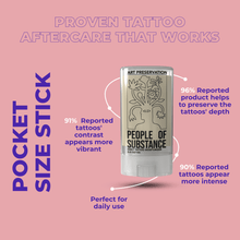Load image into Gallery viewer, Pocket size stick infographic with customer-reported results on tattoo depth, contrast and intensity
