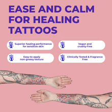 Load image into Gallery viewer, Ease and calm for healing tattoos infographic: vegan and cruelty-free, fragrance free, non-greasy texture, for sensitive skin
