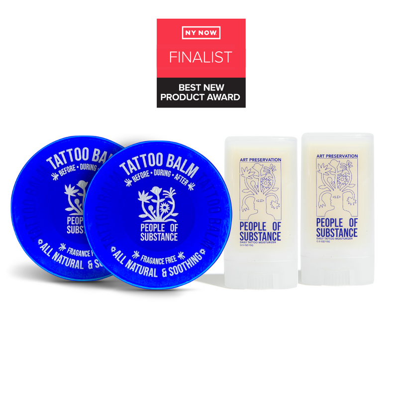 Gift-A-Friend Kit with two People of Substance blue-lidded tattoo balm jars and two pocket-size tattoo balm sticks